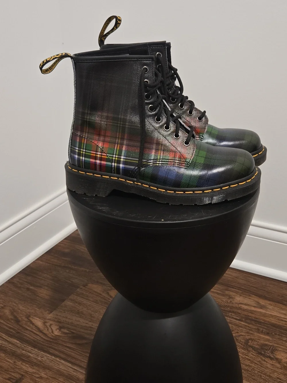 Dr. Martens Plaid Leather Combat Boots - Green, Red, Blue, Black - Picture 2 of 6